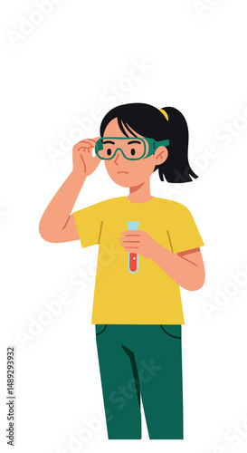 Girl in yellow shirt holding test tube and wearing protective glasses vector illustration 