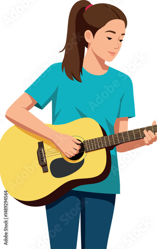 Young woman playing acoustic guitar in casual outfit vector illustration 