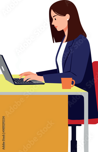 Woman working on laptop at office desk with coffee cup in flat vector style 