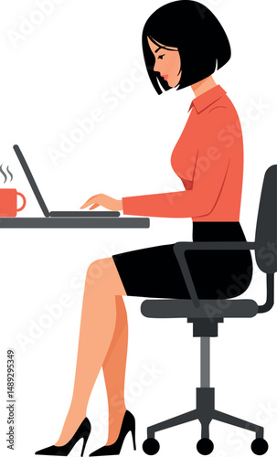 Woman working on laptop at office desk with red coffee cup sitting on chair vector illustration 