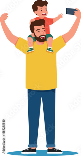Father and son taking selfie together smiling and having fun vector illustration 