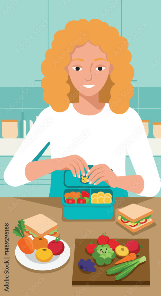 Woman preparing healthy lunch box with fresh vegetables and sandwich in kitchen interior Woman preparing healthy lunch box with fresh vegetables and sandwich in kitchen interior