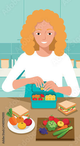 Woman preparing healthy lunch box with fresh vegetables and sandwich in kitchen interior 