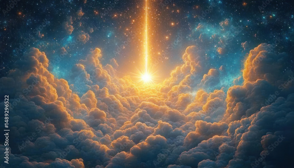Obraz premium Bright golden light beam piercing through radiant clouds under a starry night sky, creating a majestic and awe-inspiring celestial scene