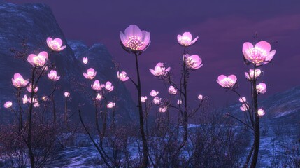Leinwandbilder Aubergine Glowing pink flowers in a twilight landscape magical nature scene  © Af