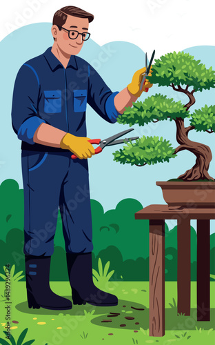 Man in blue uniform pruning green bonsai tree with scissors in garden vector illustration 