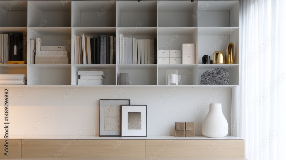 Fototapeta premium Minimalist white built-in shelving with books and framed art. Soft daylight in a modern home office nook. Calm order and focus. Ideal for branding, interior design, and productivity themes.