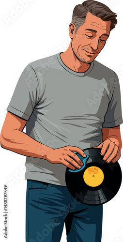 Man holding vinyl record in casual outfit enjoying music hobby vector illustration 
