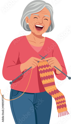 Elderly woman knitting colorful scarf happily indoors with gray hair and casual outfit vector illustration 