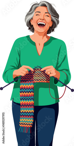 Older woman knitting colorful scarf with joy and focus in casual green top and blue pants vector illustration 