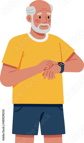 Elderly man checking smartwatch fitness tracking in casual summer outfit vector illustration 