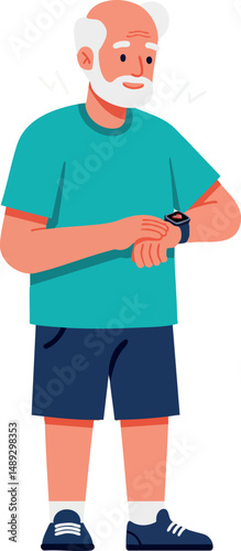 Elderly man checking smartwatch casual outfit standing vector illustration 