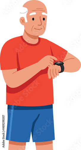 Active senior man wearing red shirt and blue shorts using smartwatch for fitness tracking 