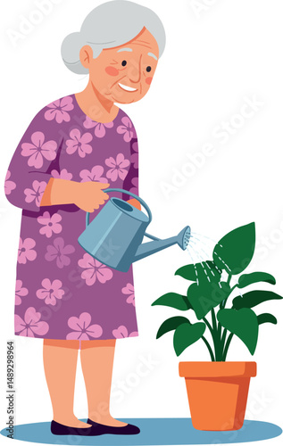 Elderly Woman Watering Green Plant in Pot Vector Illustration for Lifestyle and Gardening 