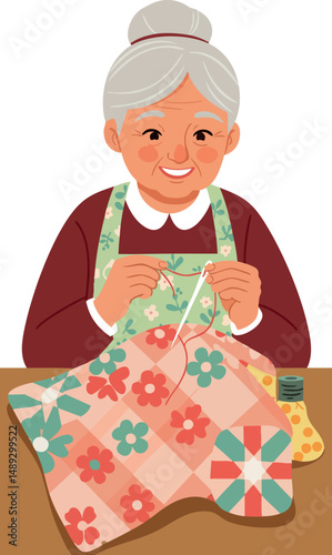 Elderly woman knitting colorful floral patterned quilt with yarn and needle vector illustration 