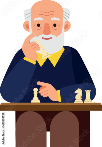 Elderly man playing chess strategy game sitting at table vector illustration 