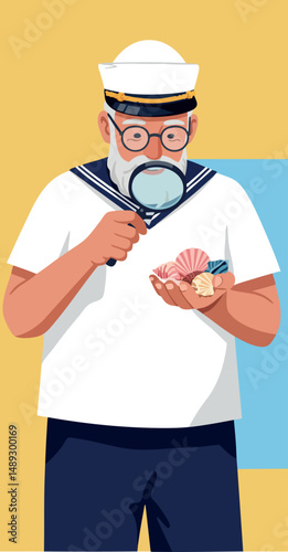 Elderly sailor inspecting seashells with magnifying glass in casual summer outfit vector illustration 