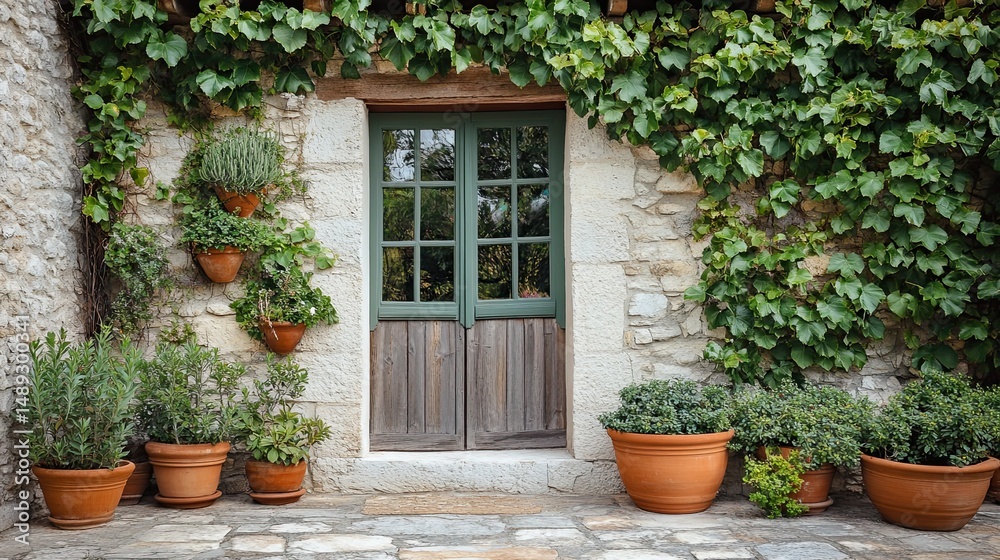Naklejka premium Hillside Stone Home with Lush Climbing Vines and Terracotta Pots