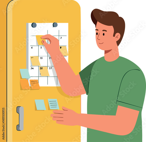 Man placing sticky notes on calendar on yellow board for organization and planning vector illustration 