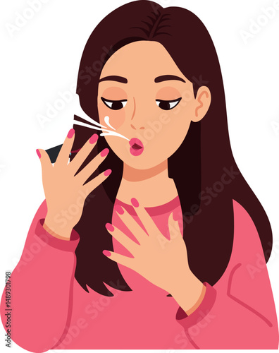 Woman with long brown hair applying makeup on lips with brush in pink sweater vector illustration 