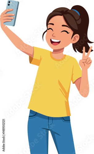 Girl taking selfie with smartphone in yellow t-shirt and blue jeans casual style 