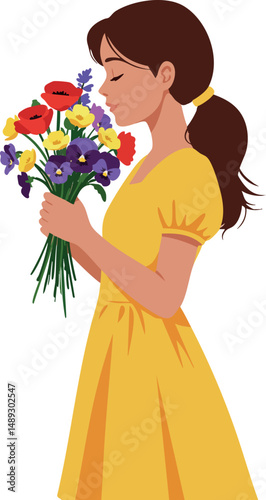 Woman in yellow dress smelling colorful flower bouquet vector illustration peaceful scene 