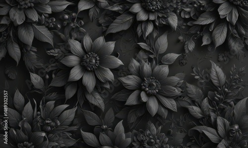 Wallpaper Mural Intricate charcoal floral pattern, abstract botanicals, sophisticated, subtle Torontodigital.ca