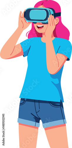 Girl wearing virtual reality headset enjoying immersive experience with pink hair and blue clothing 
