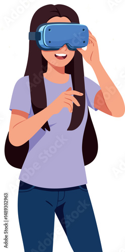 Young woman enjoying virtual reality experience with headset and casual clothes vector illustration 