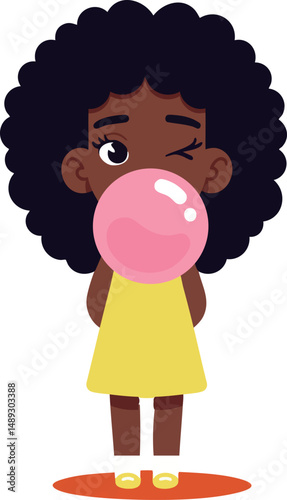 Girl with afro hair blowing pink bubble gum in yellow dress standing vector illustration 
