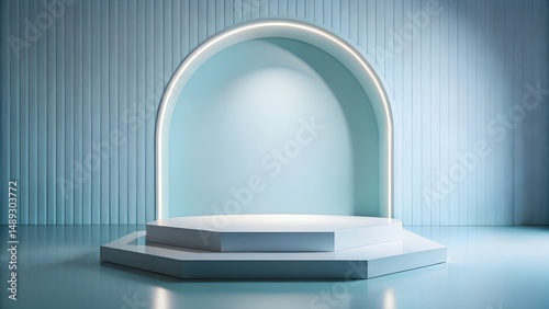 A modern geometric podium with illuminated arch on a striped blue background for product display