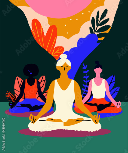 Three Women Meditating Yoga Wellness Illustration