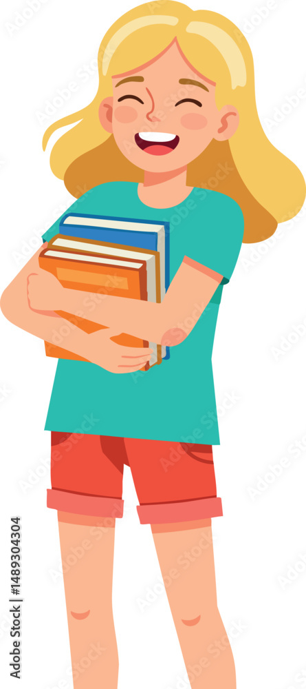 Fototapeta premium Happy girl holding books smiling in casual clothes vector illustration 