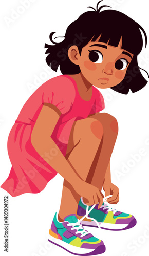 Young girl tying shoelaces on colorful sneakers in casual pink dress vector illustration 