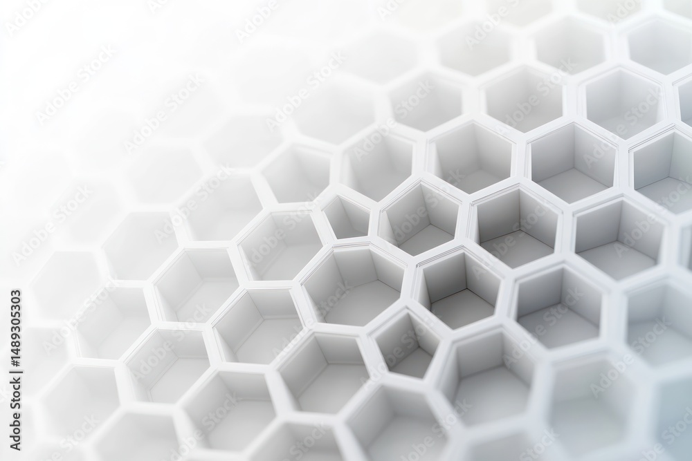 Fototapeta premium Abstract white hexagonal honeycomb pattern with smooth depth and light gradient creating a futuristic and clean geometric texture