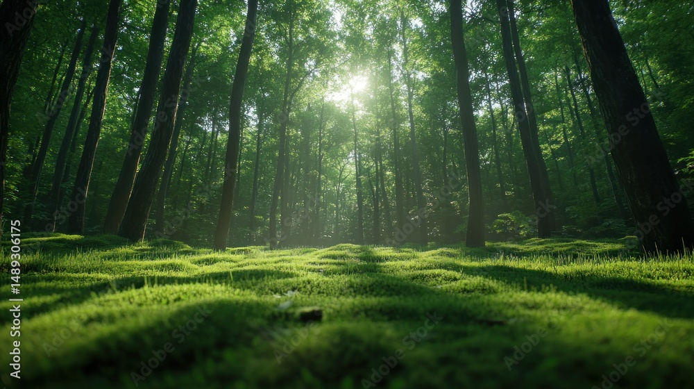 Fototapeta premium Lush forest floor bathed in sunlight