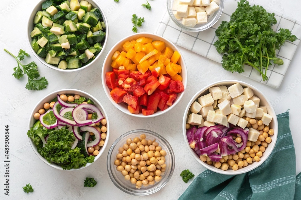 Fototapeta premium Top-down view of colorful chopped vegetables: zucchini, bell peppers, red onions, kale, tofu cubes, chickpeas in prep bowls, arranged neatly for vegan meal prep, white kitchen background.