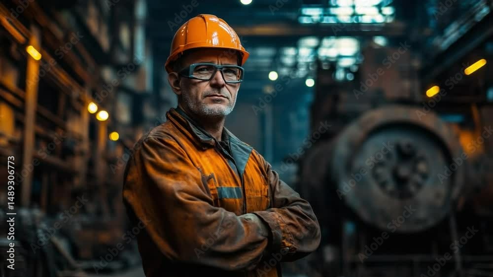 Industrial Foreman: A seasoned foreman, donned in an orange safety uniform and hard hat, exudes confidence against the backdrop of an industrial workshop, the machinery hinting at years of industry. Industrial Foreman: A seasoned foreman, donned in an orange safety uniform and hard hat, exudes confidence against the backdrop of an industrial workshop, the machinery hinting at years of industry.