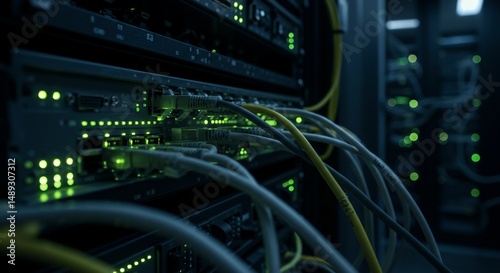 Network server farm hums green lights flicker