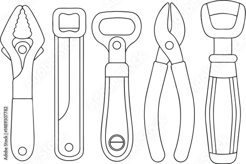 Black and White Line Art Illustration of Different Types of Tools, Plier and Bottle Opener.