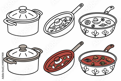 Hand-Drawn Cooking Pots and Pans Illustration with Delicious Stew and Soups, Kitchenware and Cookware Collection