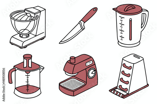Kitchen Utensils Icon Set: Mixer, Knife, Blender, Juicer, and Sharpener in Clean, Minimalist Isometric Style.
