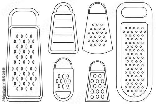 Outline Illustration of Various Types of Cheese Graters, Kitchen Utensils for Food Preparation and Cooking.