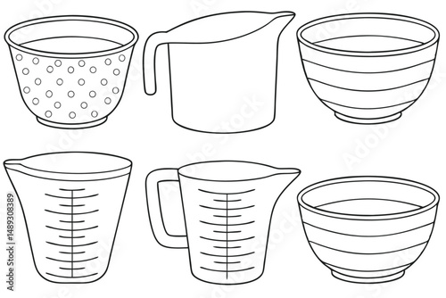 Black and white line art of kitchen containers for measuring and straining ingredients, ideal for cooking and baking needs.