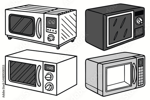Collection of Four Line Art Style Microwaves in Monochrome Tones, Kitchen Appliances for Cooking and Heating Food.