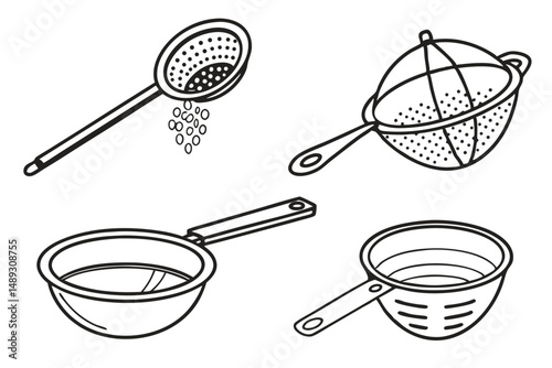 Kitchenware Set of Colanders and Strainers in Black and White Line Art Style, Culinary Utensils Vector Illustration.