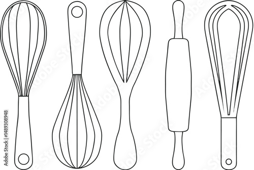 Black and White Outline Illustration of Kitchen Utensils, Featuring Whisk and Rolling Pin for Culinary Designs.