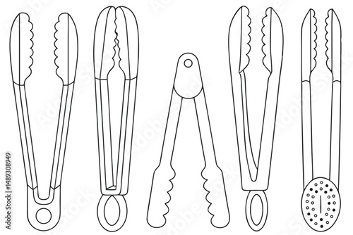 Outline Illustration of Kitchen Tongs Set, Utensils for Food, Barbecue and Salad Isolated on White Background