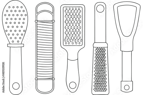 Collection of Outline Foot Files for Pedicure and Foot Care, Illustration of Various Graters for Professional Foot Treatment.