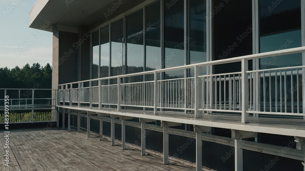 Fototapeta premium View of a building exterior with large windows and a wooden deck and white metal railing system